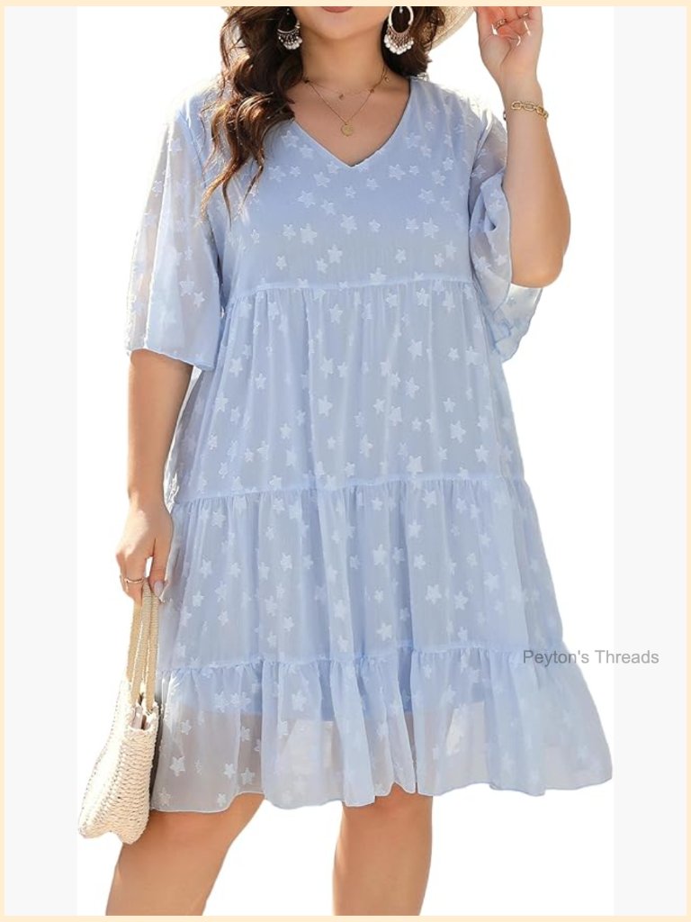 Plus Size Chiffon Swing Dress V-Neck Short Sleeve Loose Fit Babydoll Maternity